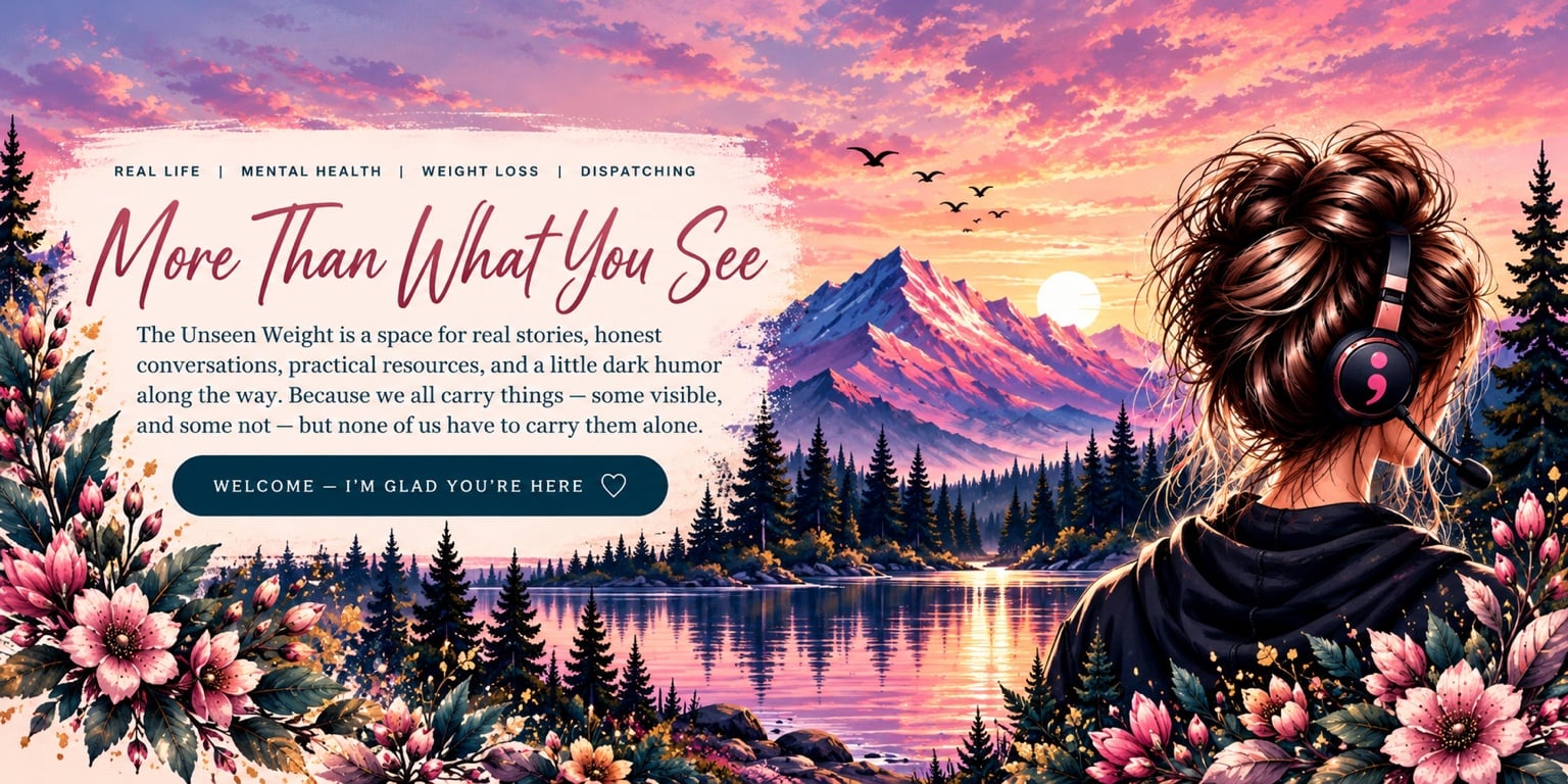 More Than What You See: pink sunset over a mountain lake, a dispatcher looking toward the mountains, and a welcome to The Unseen Weight.